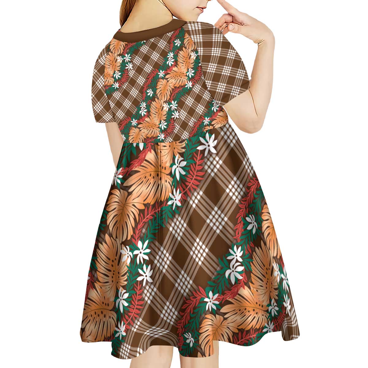 Polynesian Monstera Tiare Floral Kid Short Sleeve Dress Chocolate Brown Tropical Plaid LT01 - Polynesian Pride