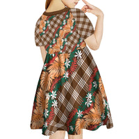Polynesian Monstera Tiare Floral Kid Short Sleeve Dress Chocolate Brown Tropical Plaid LT01 - Polynesian Pride
