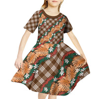 Polynesian Monstera Tiare Floral Kid Short Sleeve Dress Chocolate Brown Tropical Plaid LT01 - Polynesian Pride