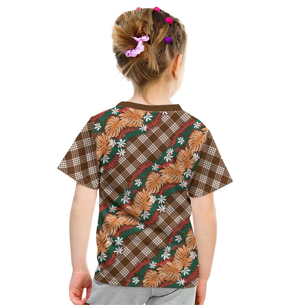 Polynesian Monstera Tiare Floral Kid T Shirt Chocolate Brown Tropical Plaid LT01 - Polynesian Pride