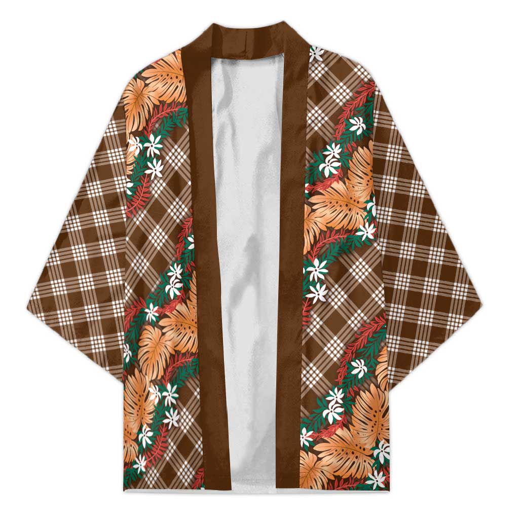 Polynesian Monstera Tiare Floral Kimono Chocolate Brown Tropical Plaid LT01 Unisex Brown - Polynesian Pride