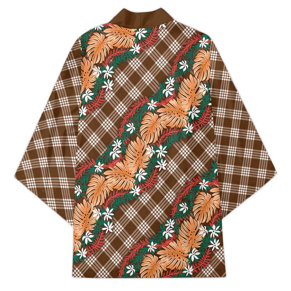 Polynesian Monstera Tiare Floral Kimono Chocolate Brown Tropical Plaid LT01 - Polynesian Pride