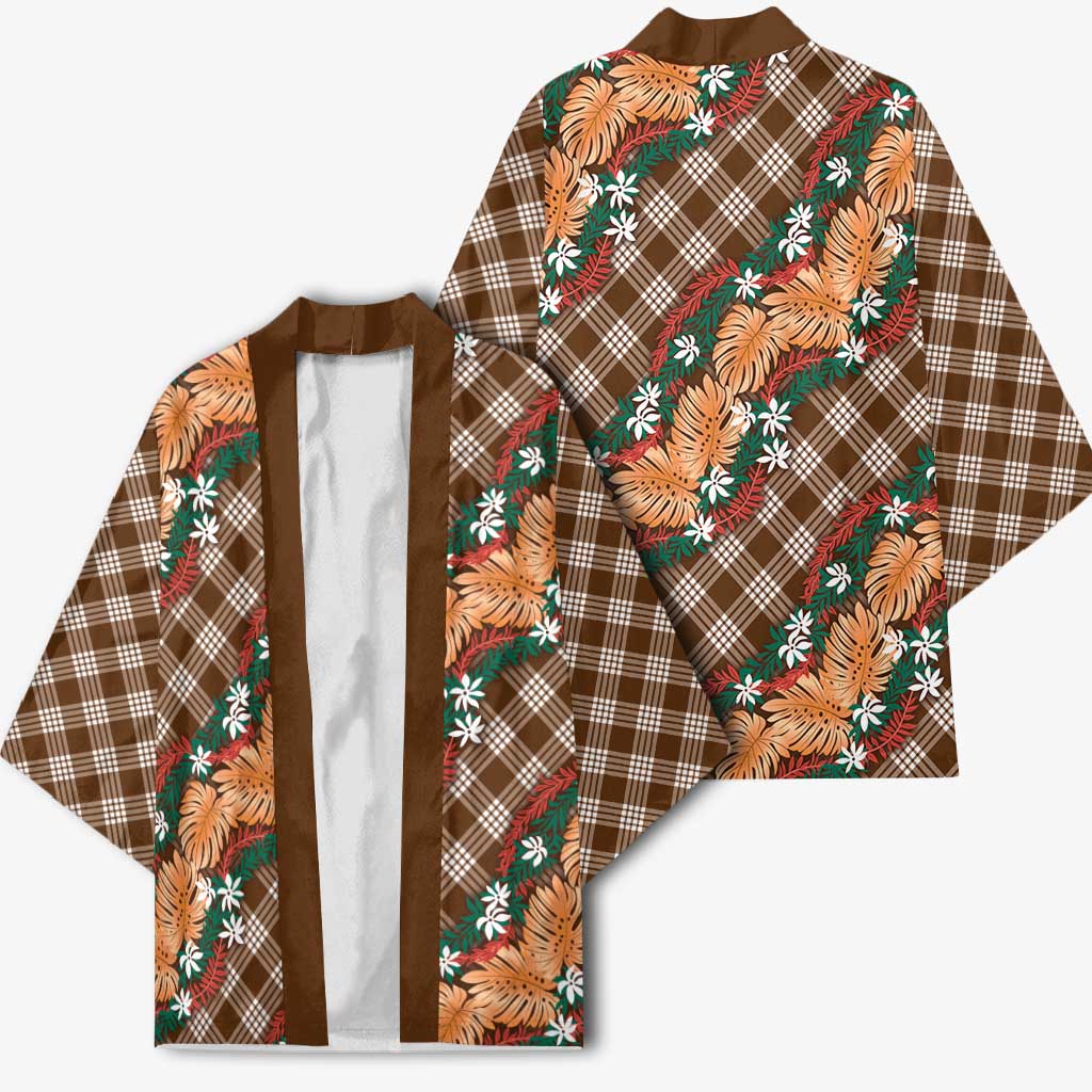 Polynesian Monstera Tiare Floral Kimono Chocolate Brown Tropical Plaid LT01 - Polynesian Pride