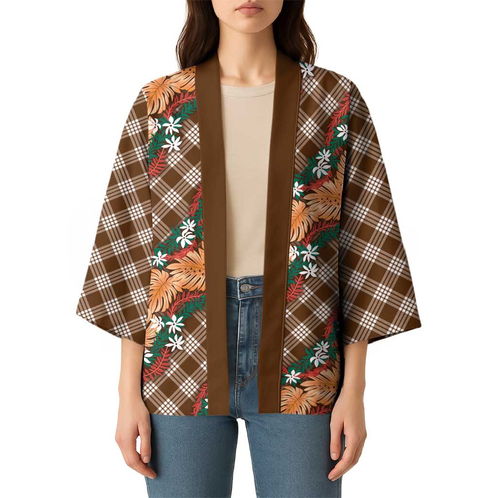 Polynesian Monstera Tiare Floral Kimono Chocolate Brown Tropical Plaid LT01 - Polynesian Pride