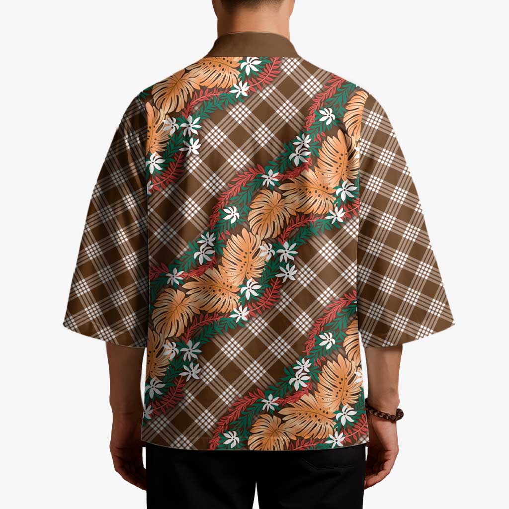 Polynesian Monstera Tiare Floral Kimono Chocolate Brown Tropical Plaid LT01 - Polynesian Pride