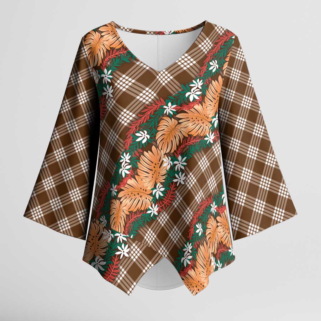 Polynesian Monstera Tiare Floral Kimono Sleeve Blouse Chocolate Brown Tropical Plaid - Polynesian Pride
