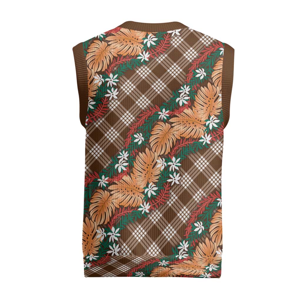 Polynesian Monstera Tiare Floral Christmas Knitted V-Neck Vest Chocolate Brown Tropical Plaid LT01 - Polynesian Pride