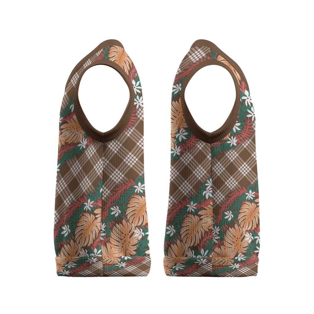 Polynesian Monstera Tiare Floral Christmas Knitted V-Neck Vest Chocolate Brown Tropical Plaid LT01 - Polynesian Pride