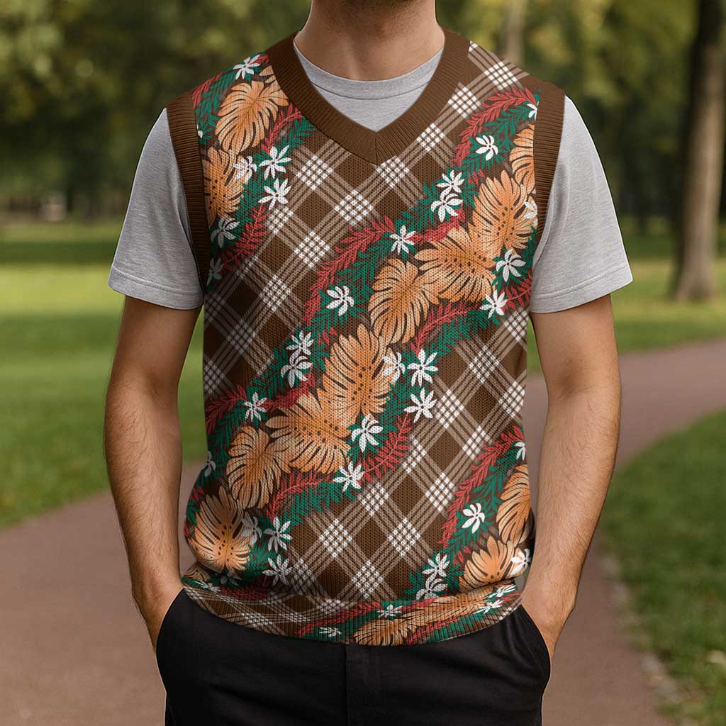 Polynesian Monstera Tiare Floral Christmas Knitted V-Neck Vest Chocolate Brown Tropical Plaid LT01 - Polynesian Pride