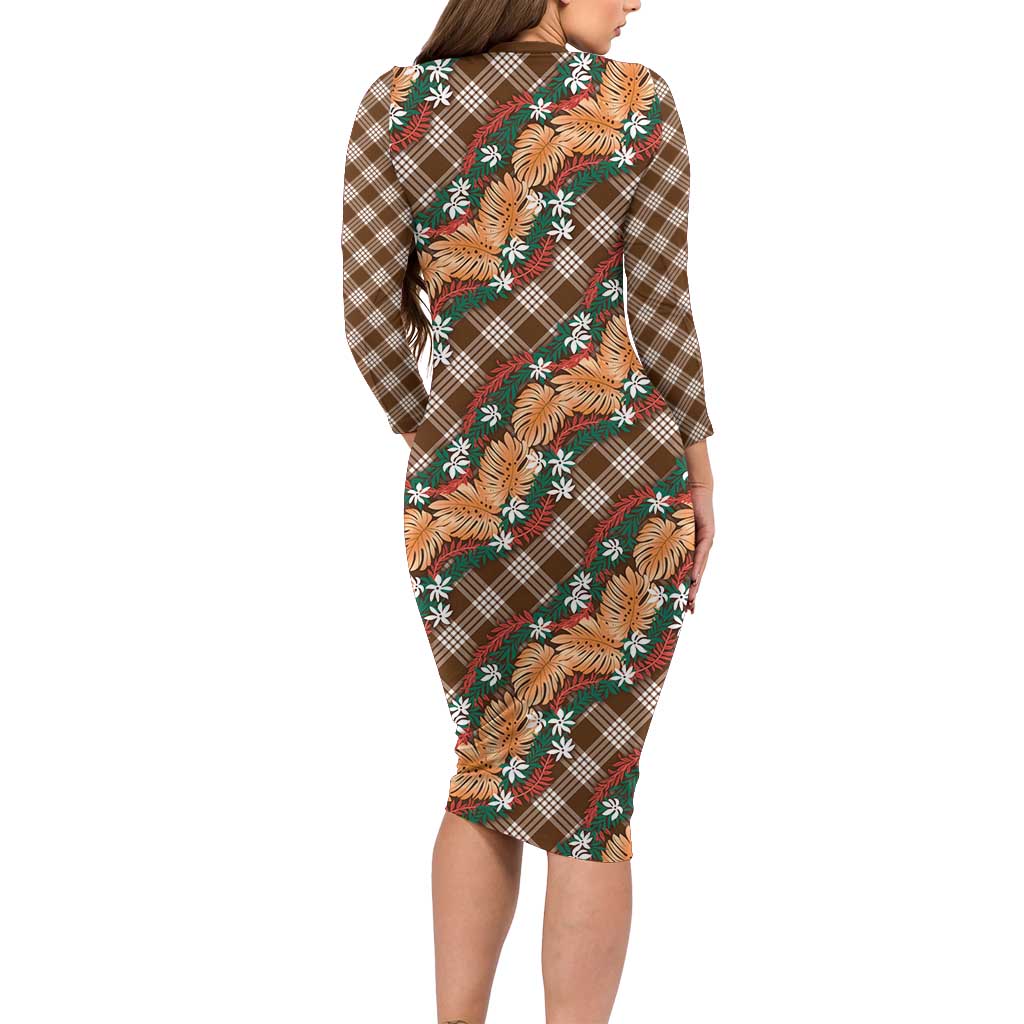 Polynesian Monstera Tiare Floral Long Sleeve Bodycon Dress Chocolate Brown Tropical Plaid - Polynesian Pride