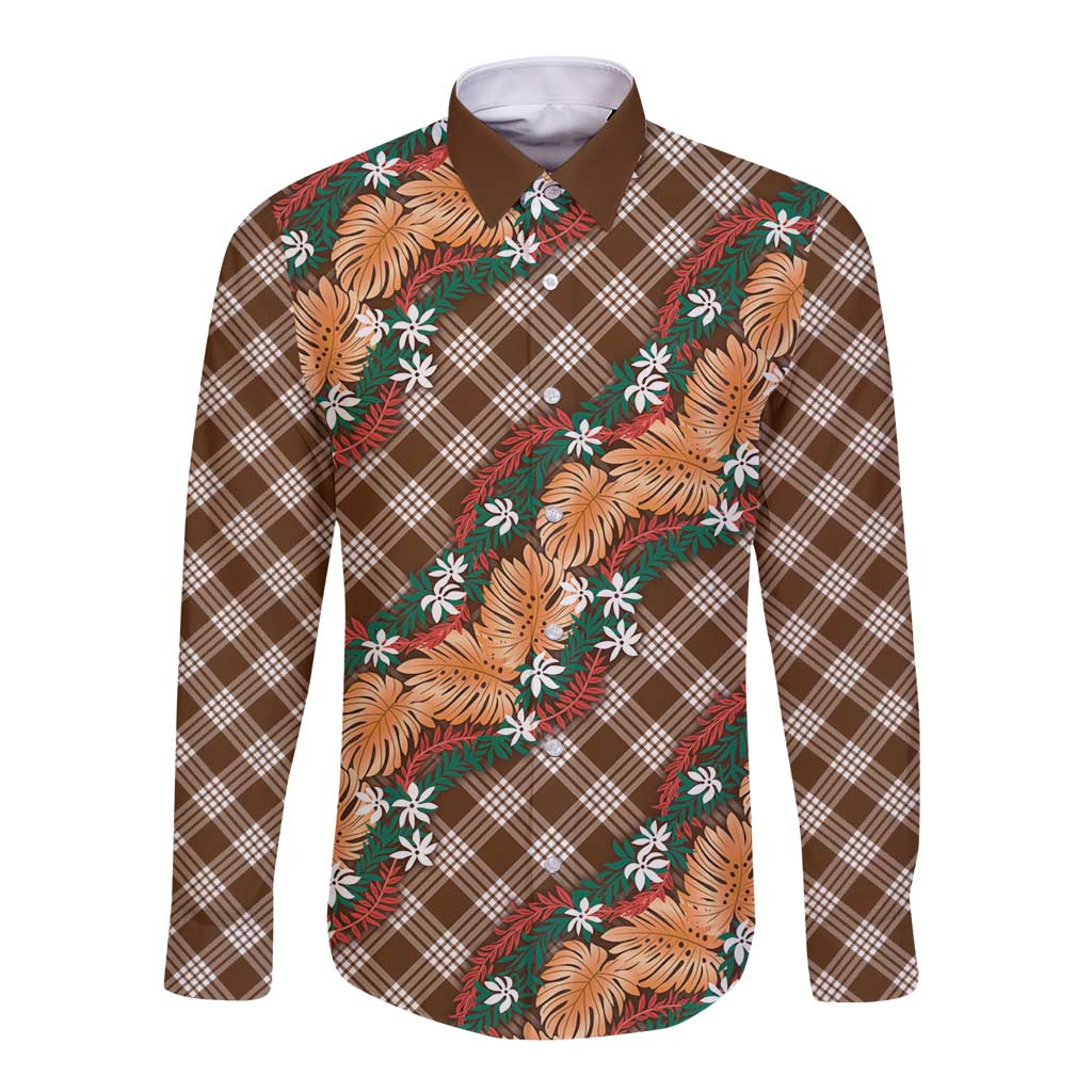 Polynesian Monstera Tiare Floral Long Sleeve Button Shirt Chocolate Brown Tropical Plaid LT01 Unisex Brown - Polynesian Pride