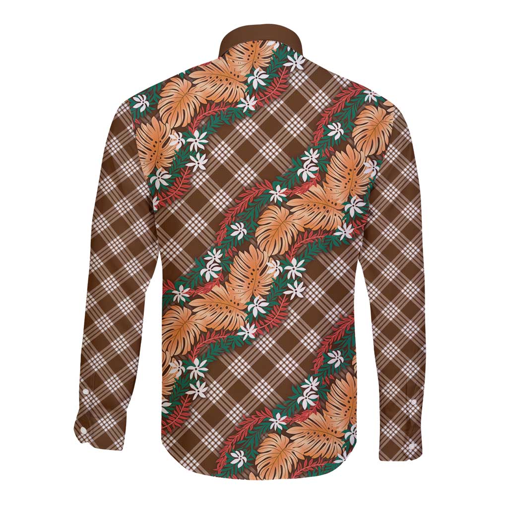 Polynesian Monstera Tiare Floral Long Sleeve Button Shirt Chocolate Brown Tropical Plaid LT01 - Polynesian Pride