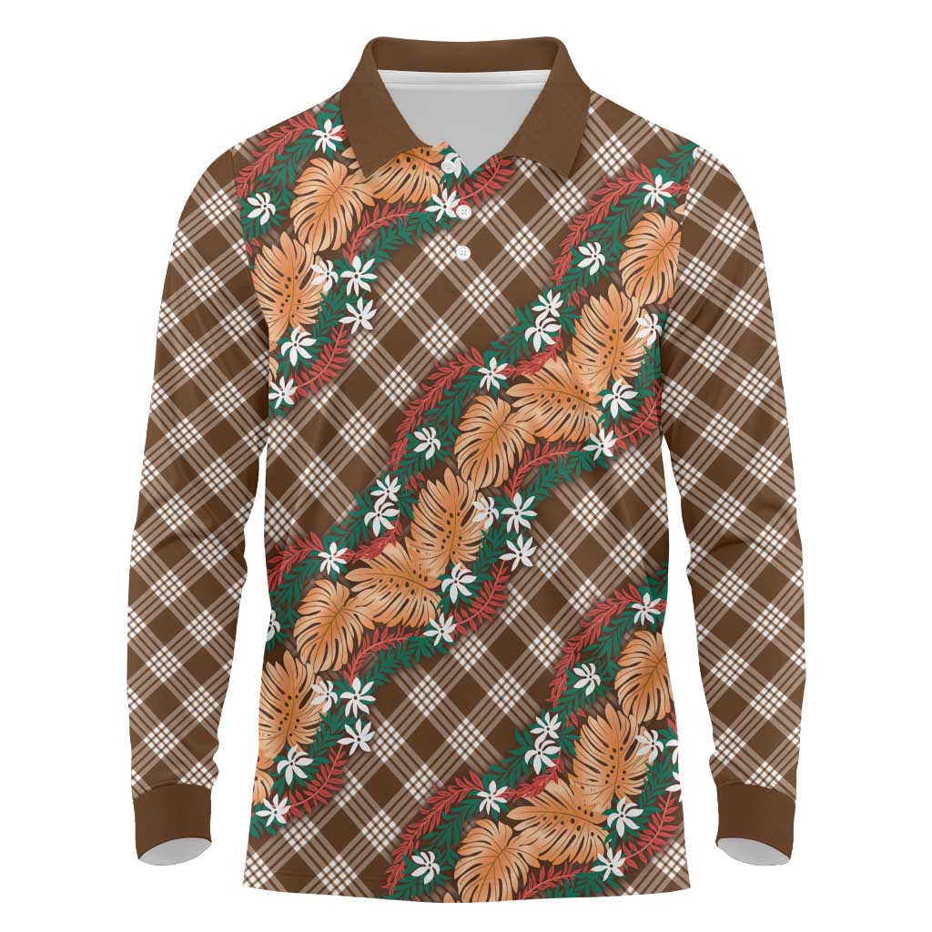 Polynesian Monstera Tiare Floral Long Sleeve Polo Shirt Chocolate Brown Tropical Plaid LT01 Brown - Polynesian Pride
