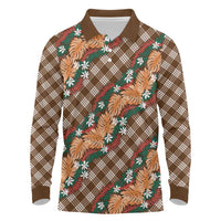 Polynesian Monstera Tiare Floral Long Sleeve Polo Shirt Chocolate Brown Tropical Plaid LT01 Brown - Polynesian Pride