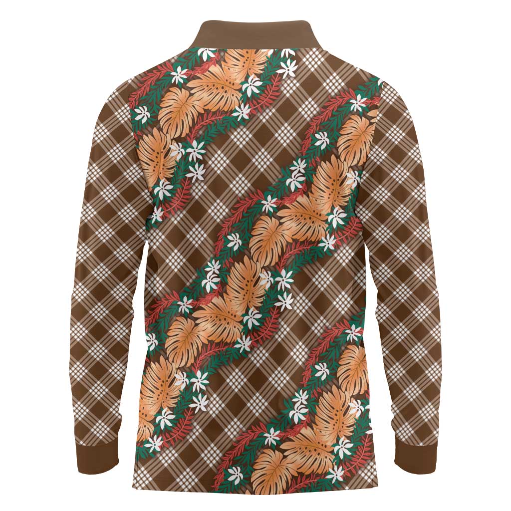 Polynesian Monstera Tiare Floral Long Sleeve Polo Shirt Chocolate Brown Tropical Plaid LT01 - Polynesian Pride