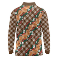 Polynesian Monstera Tiare Floral Long Sleeve Polo Shirt Chocolate Brown Tropical Plaid LT01 - Polynesian Pride