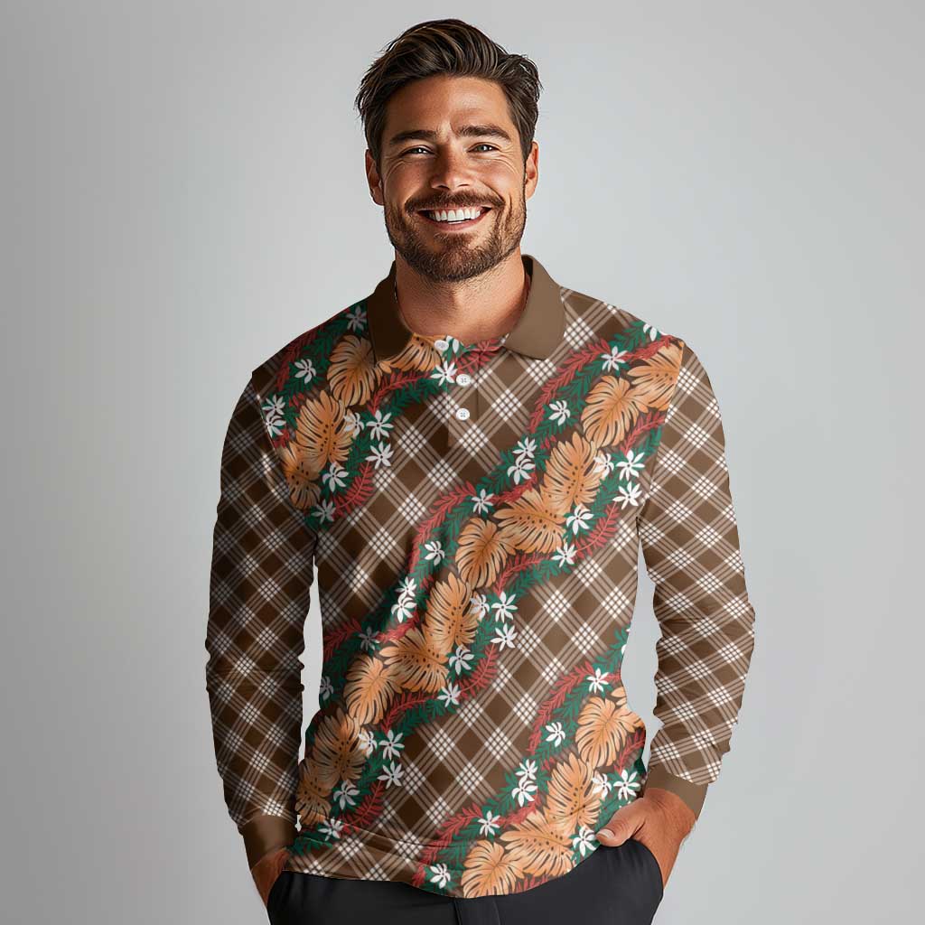 Polynesian Monstera Tiare Floral Long Sleeve Polo Shirt Chocolate Brown Tropical Plaid LT01 - Polynesian Pride