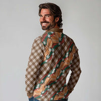 Polynesian Monstera Tiare Floral Long Sleeve Polo Shirt Chocolate Brown Tropical Plaid LT01 - Polynesian Pride