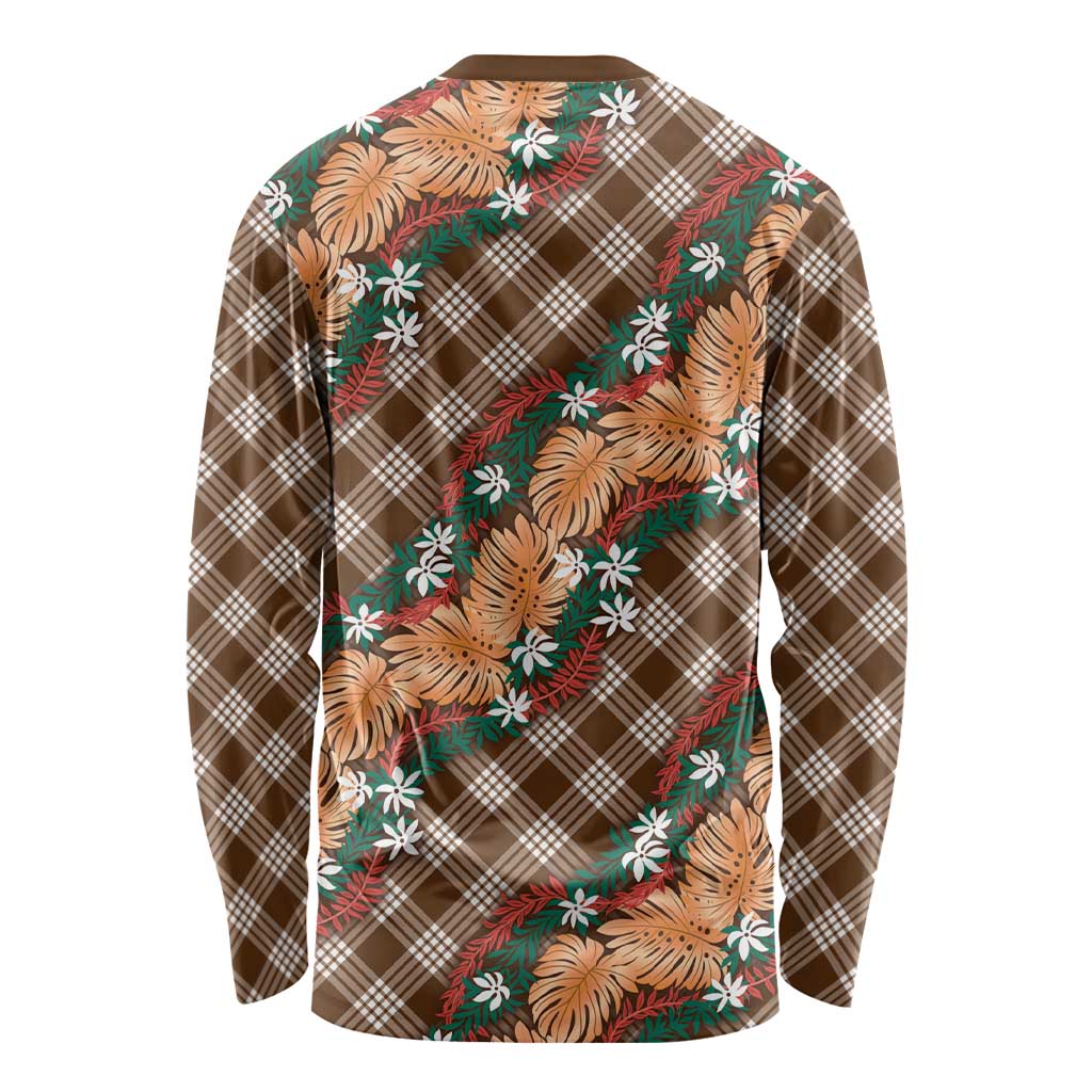 Polynesian Monstera Tiare Floral Long Sleeve Shirt Chocolate Brown Tropical Plaid LT01 - Polynesian Pride
