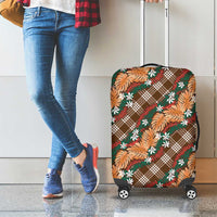 Polynesian Monstera Tiare Floral Luggage Cover Chocolate Brown Tropical Plaid - Polynesian Pride