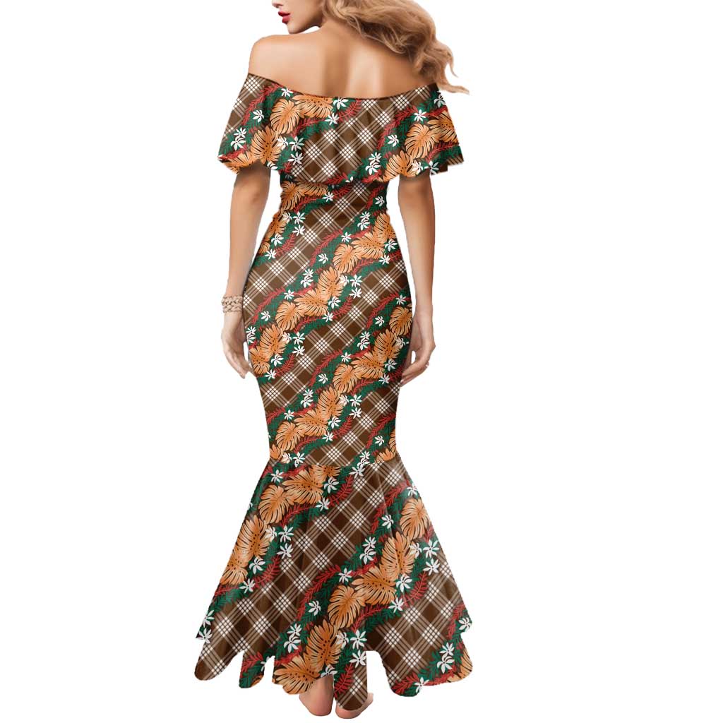 Polynesian Monstera Tiare Floral Mermaid Dress Chocolate Brown Tropical Plaid LT01 - Polynesian Pride