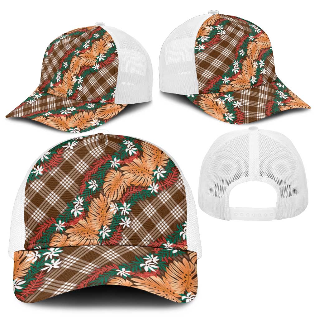 Polynesian Monstera Tiare Floral Mesh Trucker Cap Chocolate Brown Tropical Plaid - Polynesian Pride