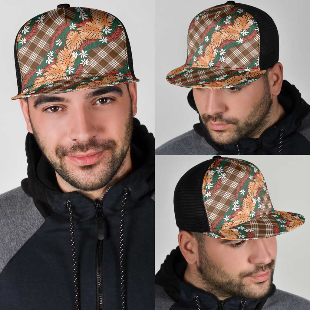 Polynesian Monstera Tiare Floral Mesh Trucker Cap Chocolate Brown Tropical Plaid - Polynesian Pride