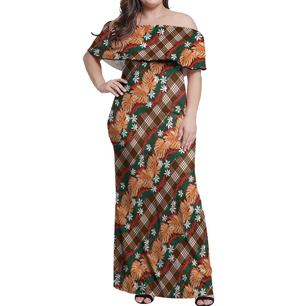 Polynesian Monstera Tiare Floral Off Shoulder Maxi Dress Chocolate Brown Tropical Plaid LT01 Women Brown - Polynesian Pride
