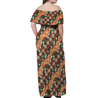 Polynesian Monstera Tiare Floral Off Shoulder Maxi Dress Chocolate Brown Tropical Plaid LT01 - Polynesian Pride