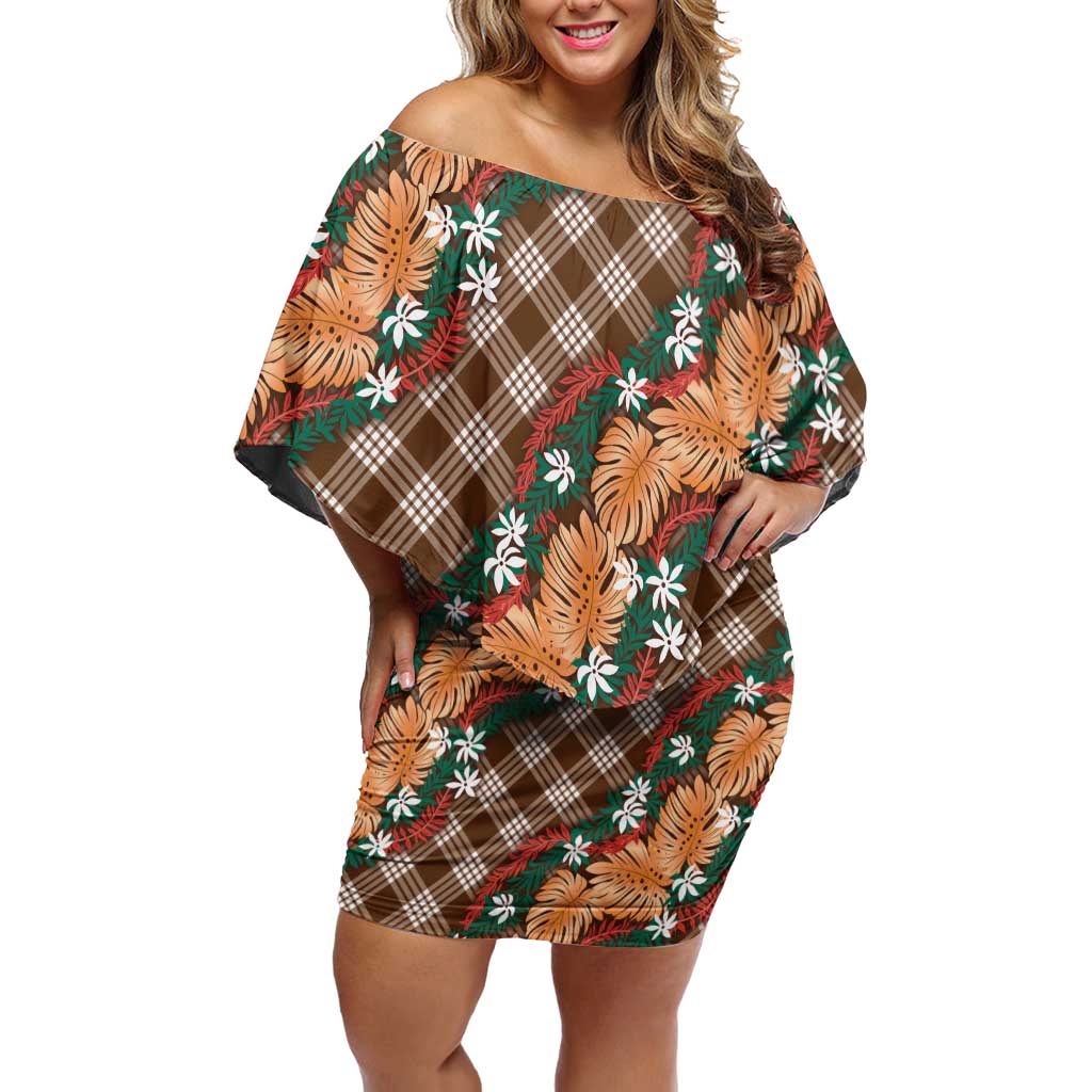 Polynesian Monstera Tiare Floral Off Shoulder Short Dress Chocolate Brown Tropical Plaid LT01 Women Brown - Polynesian Pride