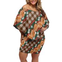 Polynesian Monstera Tiare Floral Off Shoulder Short Dress Chocolate Brown Tropical Plaid LT01 Women Brown - Polynesian Pride