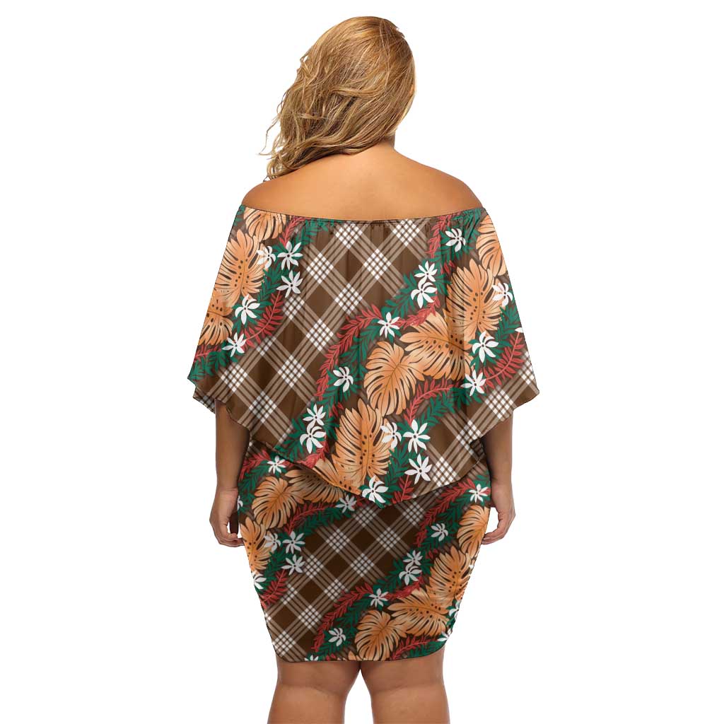 Polynesian Monstera Tiare Floral Off Shoulder Short Dress Chocolate Brown Tropical Plaid LT01 - Polynesian Pride