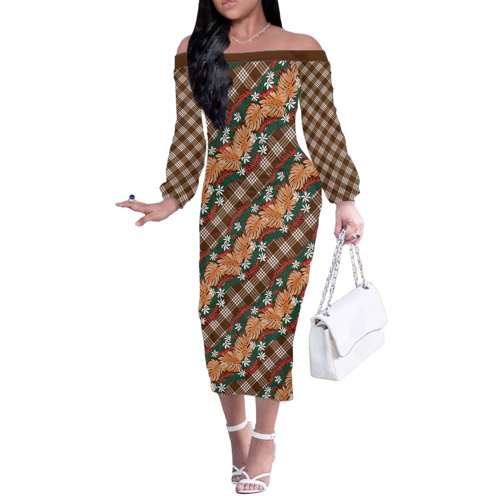 Polynesian Monstera Tiare Floral Off The Shoulder Long Sleeve Dress Chocolate Brown Tropical Plaid LT01 Women Brown - Polynesian Pride