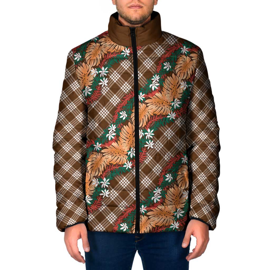 Polynesian Monstera Tiare Floral Padded Jacket Chocolate Brown Tropical Plaid LT01 Men Brown - Polynesian Pride