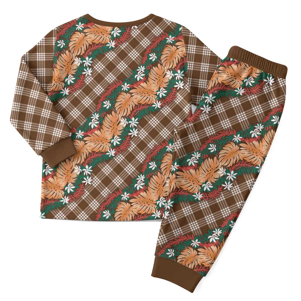 Polynesian Monstera Tiare Floral Christmas Pajama Set Chocolate Brown Tropical Plaid LT01 - Polynesian Pride