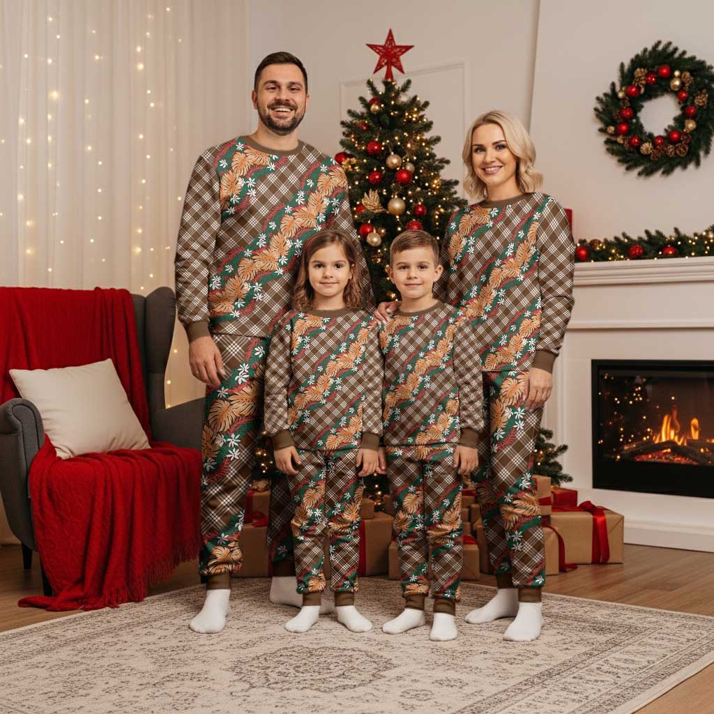Polynesian Monstera Tiare Floral Christmas Pajama Set Chocolate Brown Tropical Plaid LT01 - Polynesian Pride