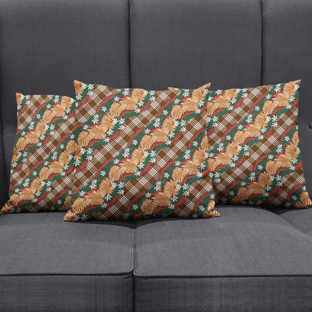 Polynesian Monstera Tiare Floral Pillow Cover Chocolate Brown Tropical Plaid - Polynesian Pride
