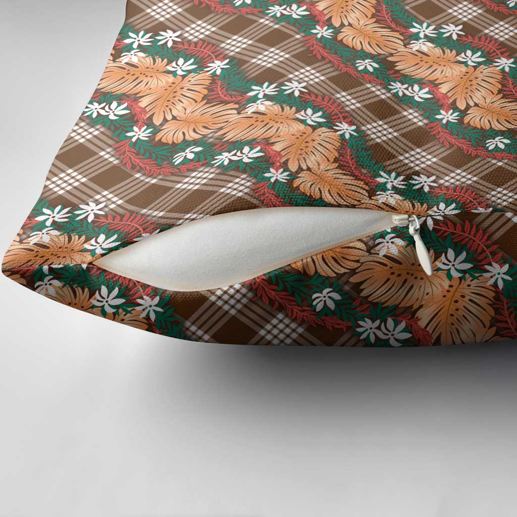 Polynesian Monstera Tiare Floral Pillow Cover Chocolate Brown Tropical Plaid - Polynesian Pride
