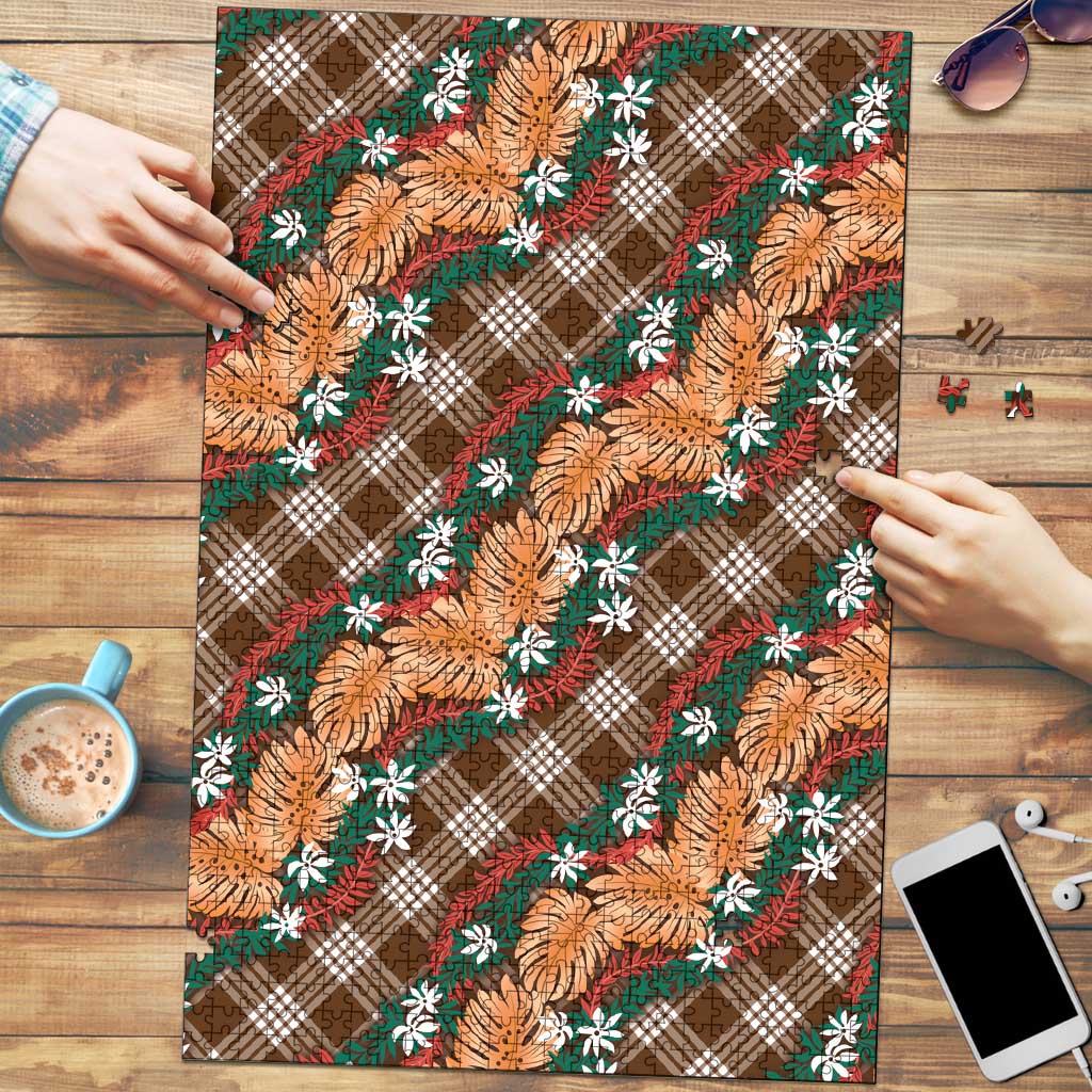 Polynesian Monstera Tiare Floral Puzzle Chocolate Brown Tropical Plaid LT01 Brown - Polynesian Pride