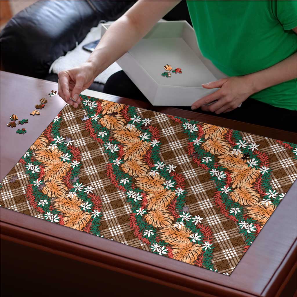 Polynesian Monstera Tiare Floral Puzzle Chocolate Brown Tropical Plaid LT01 - Polynesian Pride