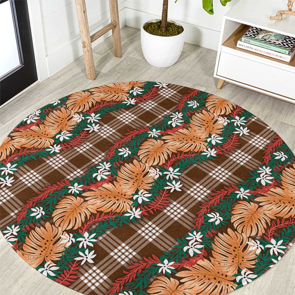 Polynesian Monstera Tiare Floral Round Carpet Chocolate Brown Tropical Plaid - Polynesian Pride