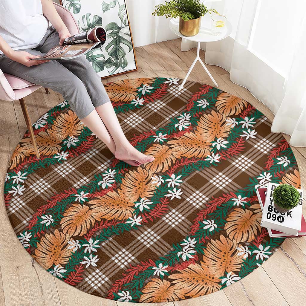 Polynesian Monstera Tiare Floral Round Carpet Chocolate Brown Tropical Plaid - Polynesian Pride