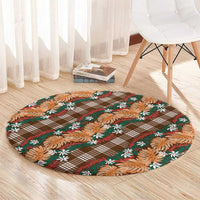 Polynesian Monstera Tiare Floral Round Carpet Chocolate Brown Tropical Plaid - Polynesian Pride