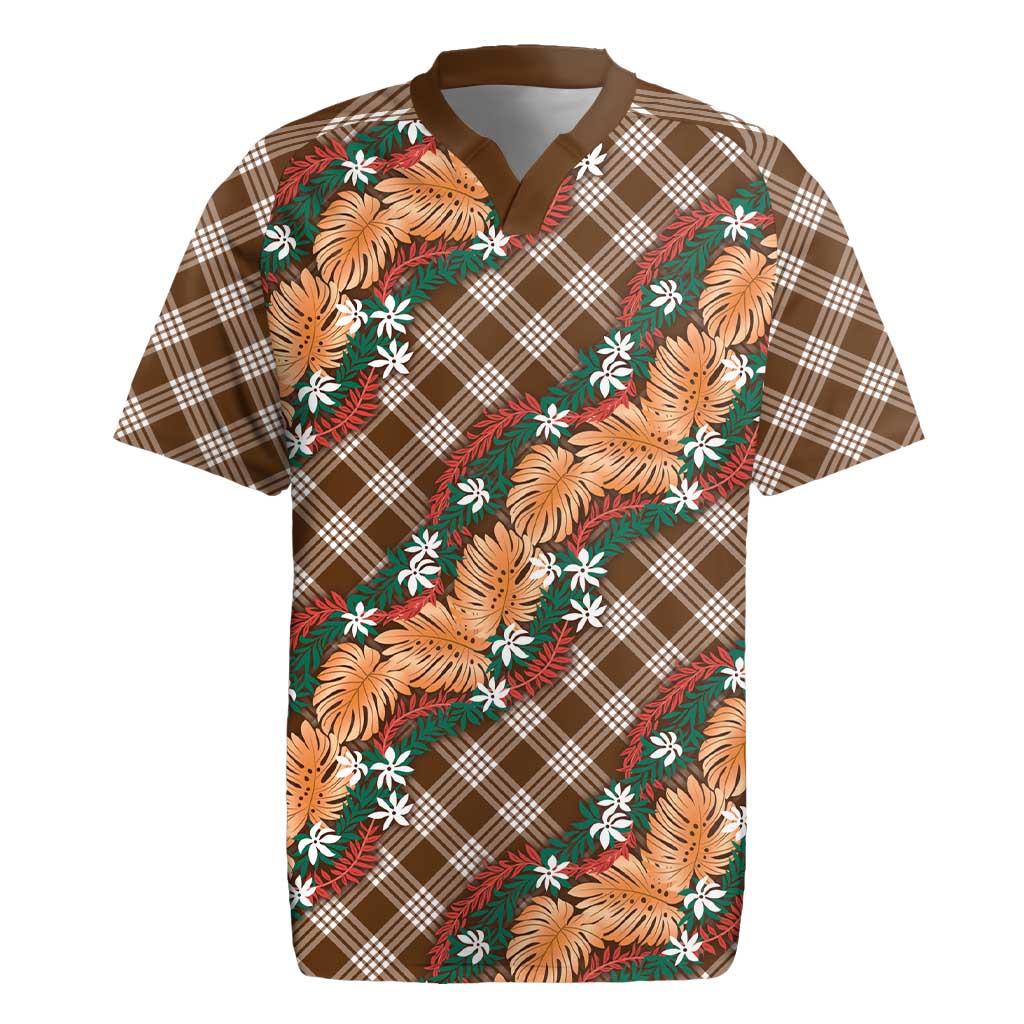 Polynesian Monstera Tiare Floral Rugby Jersey Chocolate Brown Tropical Plaid - Polynesian Pride