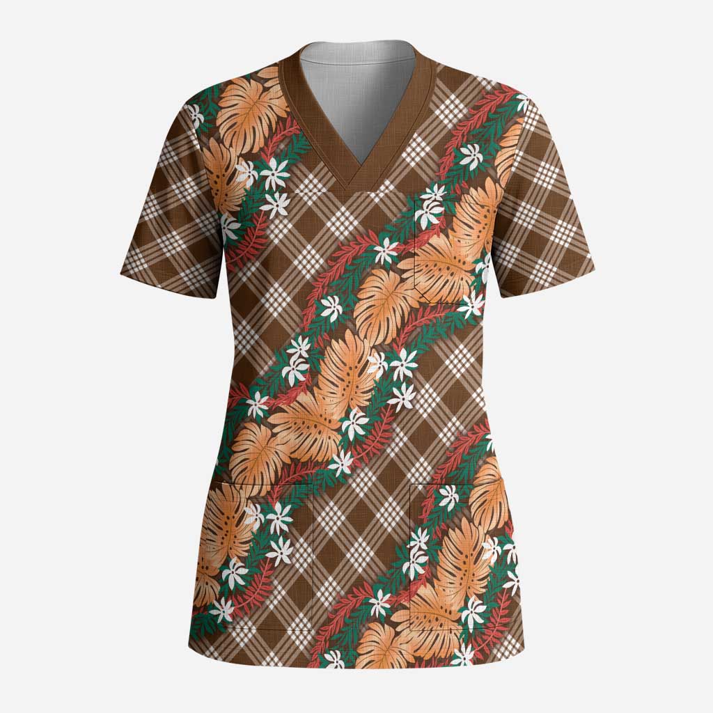 Polynesian Monstera Tiare Floral Scrub Top Chocolate Brown Tropical Plaid LT01 Adult Brown - Polynesian Pride