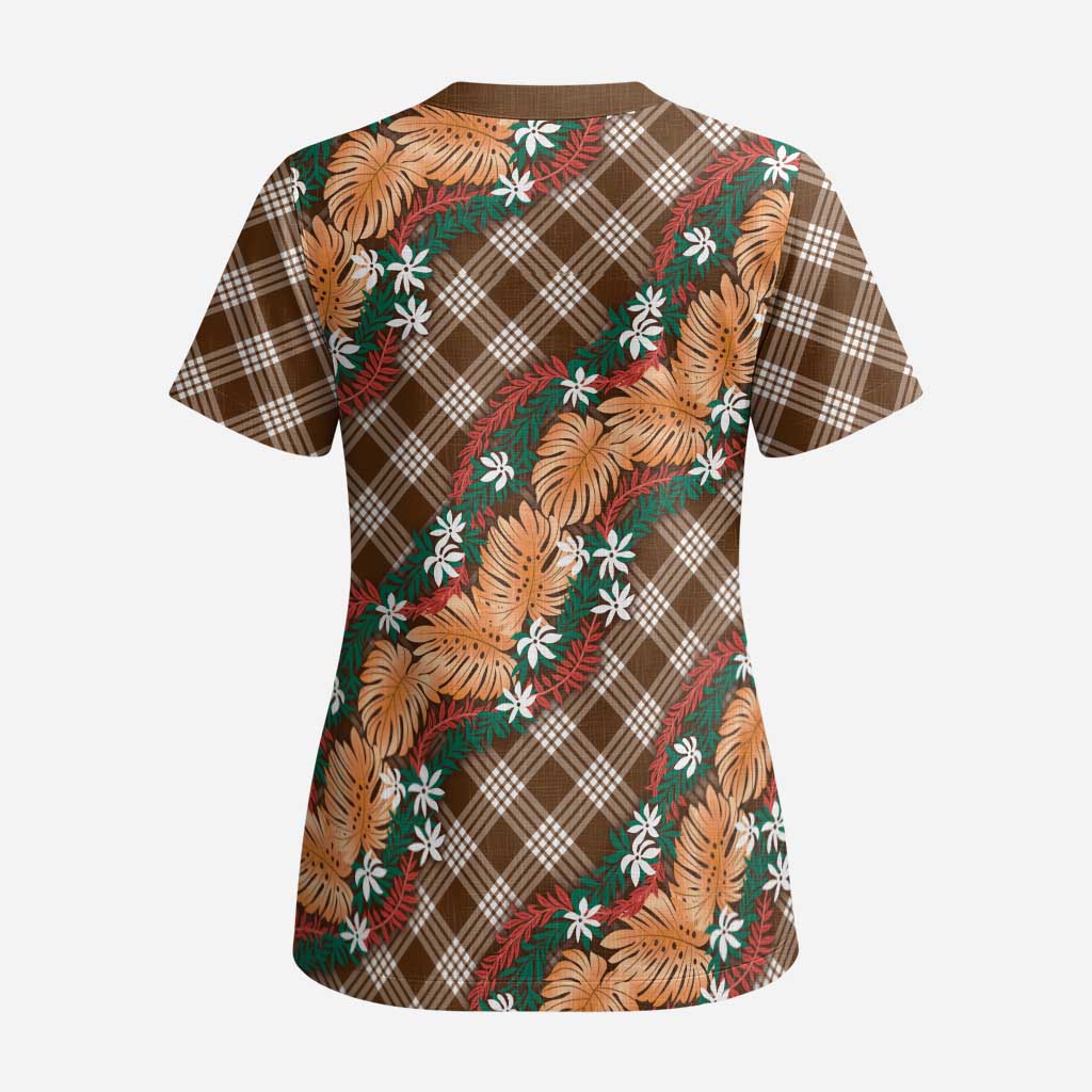 Polynesian Monstera Tiare Floral Scrub Top Chocolate Brown Tropical Plaid LT01 - Polynesian Pride