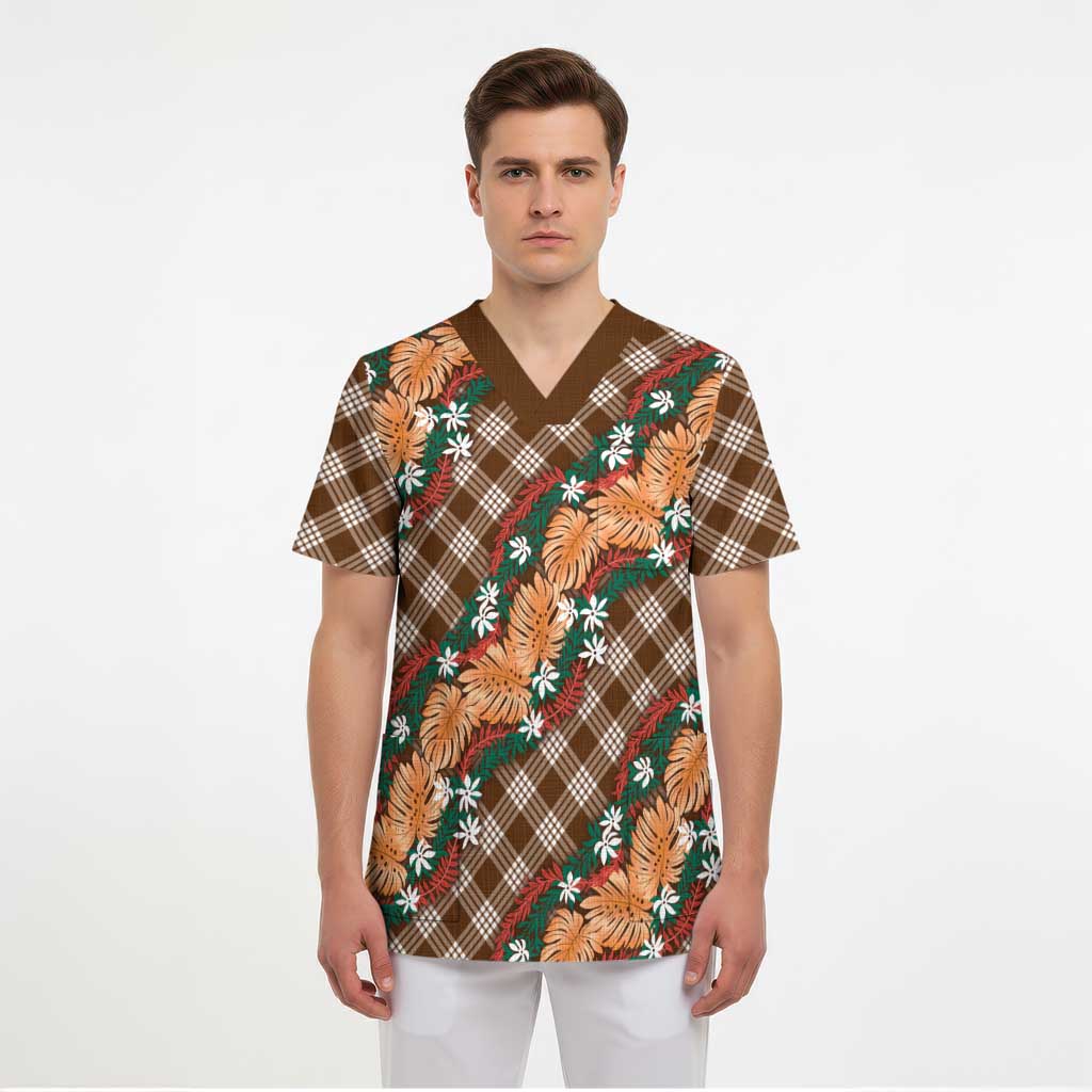 Polynesian Monstera Tiare Floral Scrub Top Chocolate Brown Tropical Plaid LT01 - Polynesian Pride