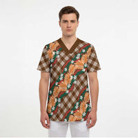 Polynesian Monstera Tiare Floral Scrub Top Chocolate Brown Tropical Plaid LT01 - Polynesian Pride