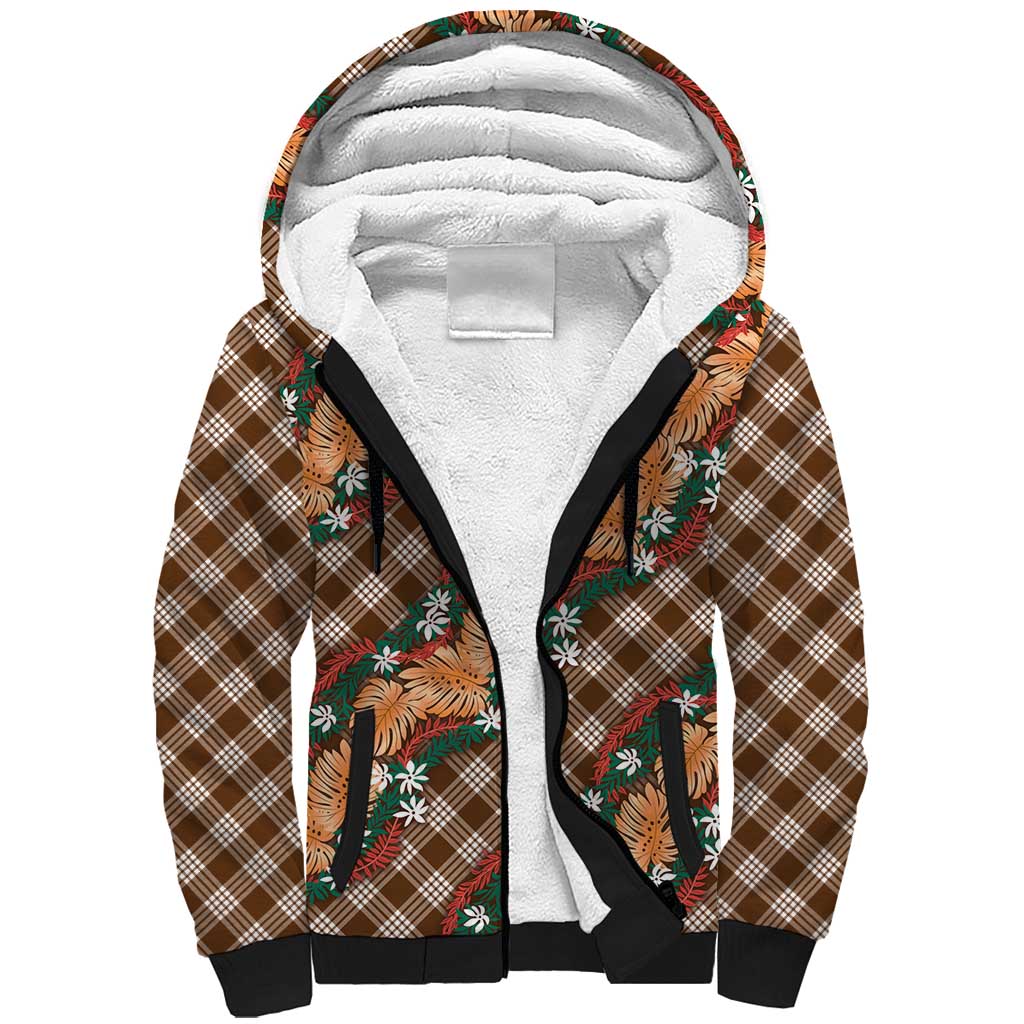 Polynesian Monstera Tiare Floral Sherpa Hoodie Chocolate Brown Tropical Plaid - Polynesian Pride