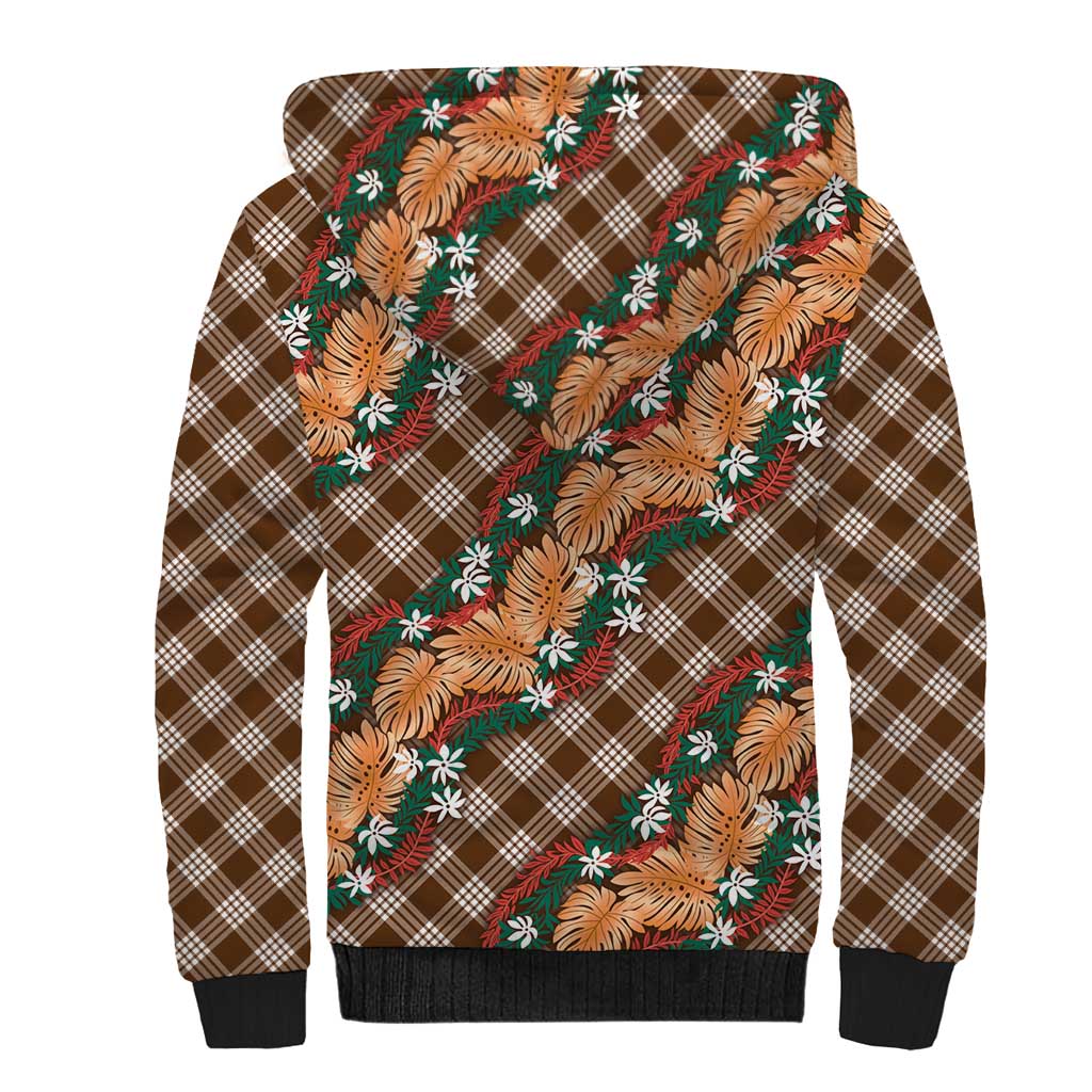 Polynesian Monstera Tiare Floral Sherpa Hoodie Chocolate Brown Tropical Plaid - Polynesian Pride